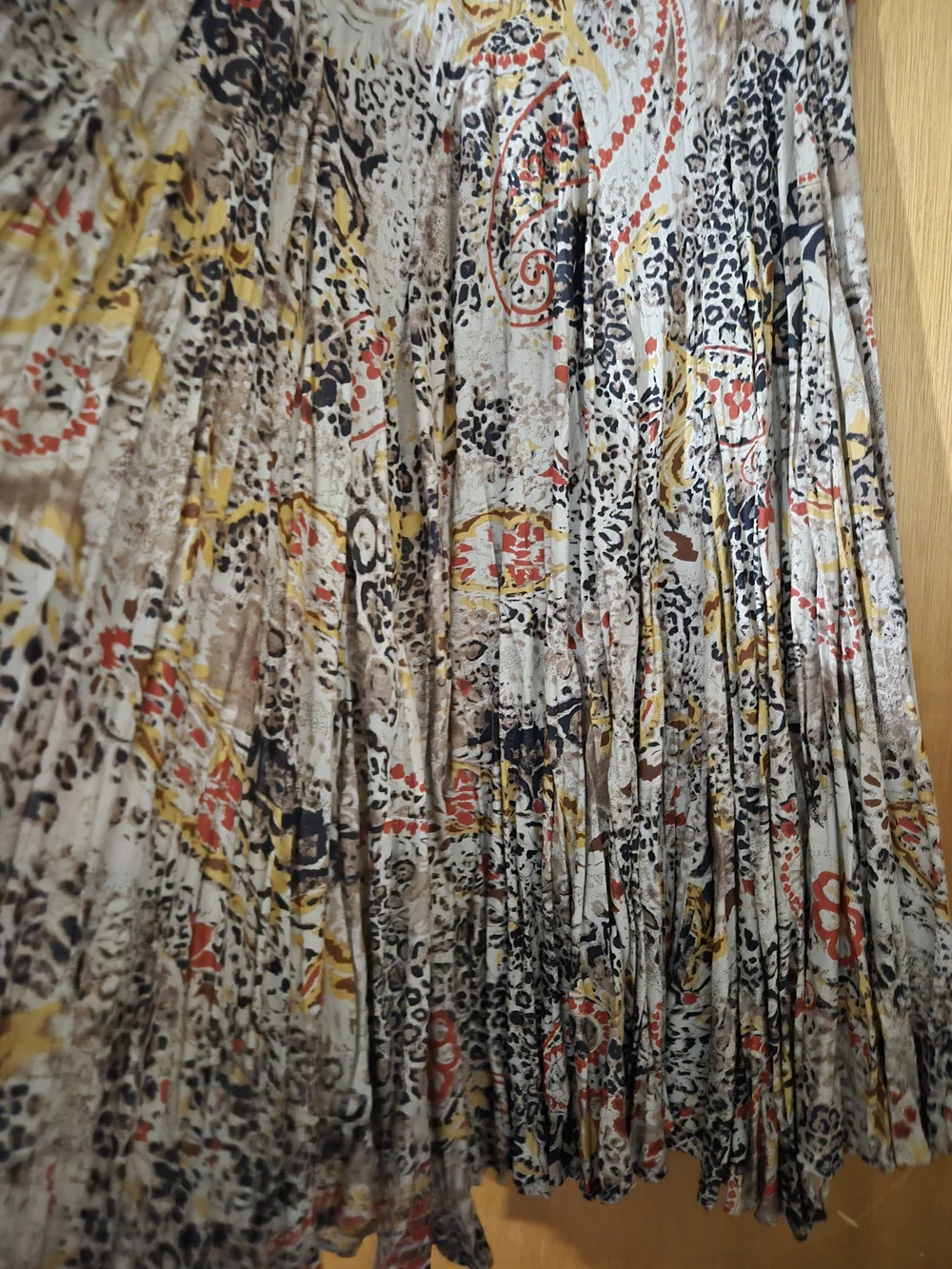 Grace Multicolor Pleated Maxi Skirt with Gray, Red & Yellow Print